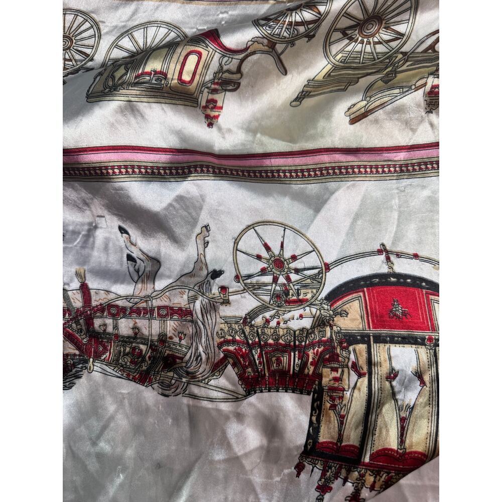 Vintage 35" Square Scarf Horse Carriage Equestrian Print Silky Pink Ivory - Picture 7 of 10